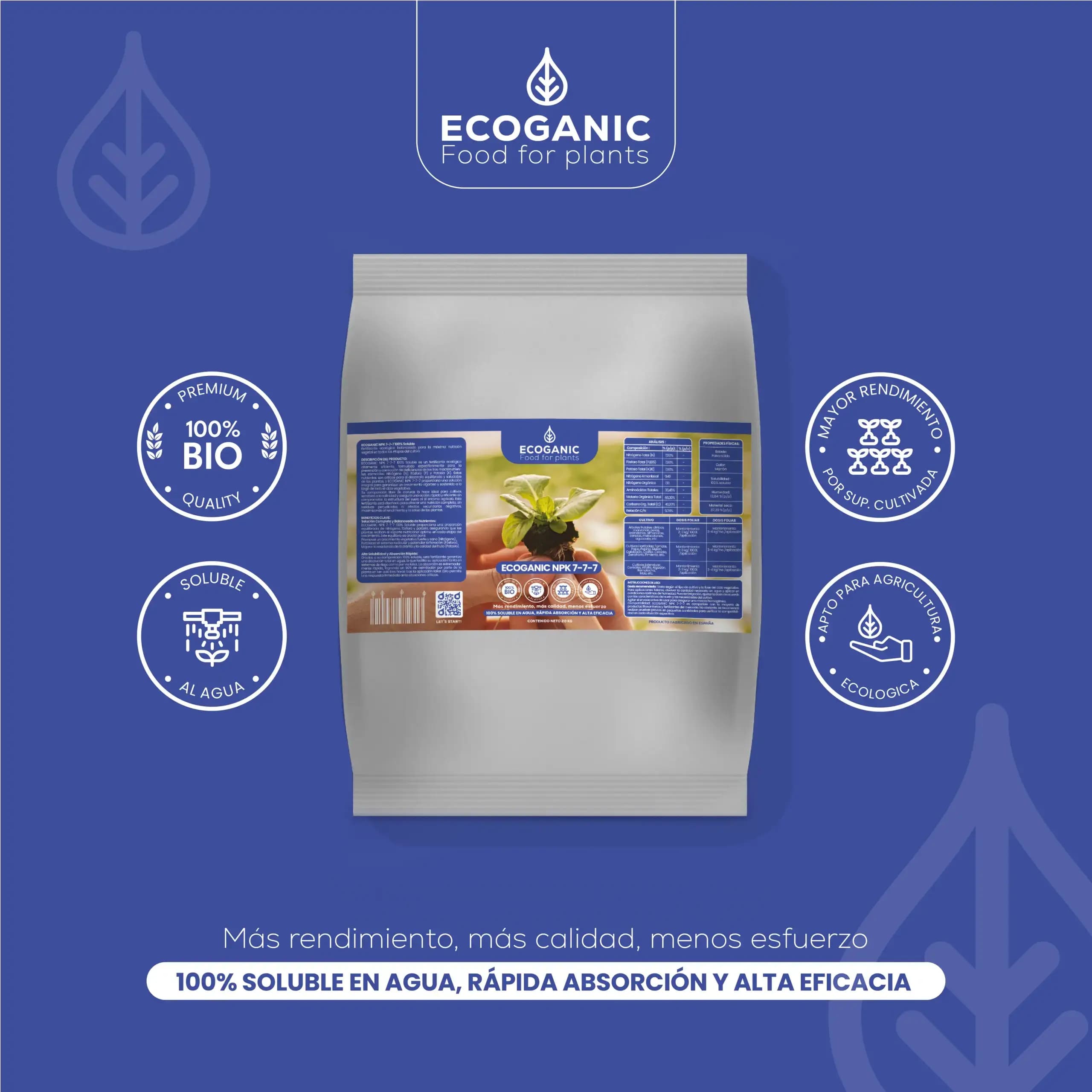 Fertilizante NPK orgánico BALANCE 7-7-7 Ecoganic — polvo soluble certificado CE 2018/848