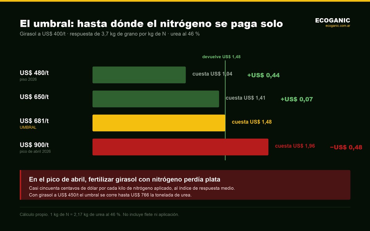 Con girasol a 400 dólares por tonelada, el nitrógeno se paga solo hasta 681 dólares la tonelada de urea; por encima, cuesta más de lo que devuelve